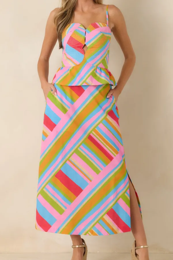 Multicolor Geometric Cotton Linen Midi Skirt