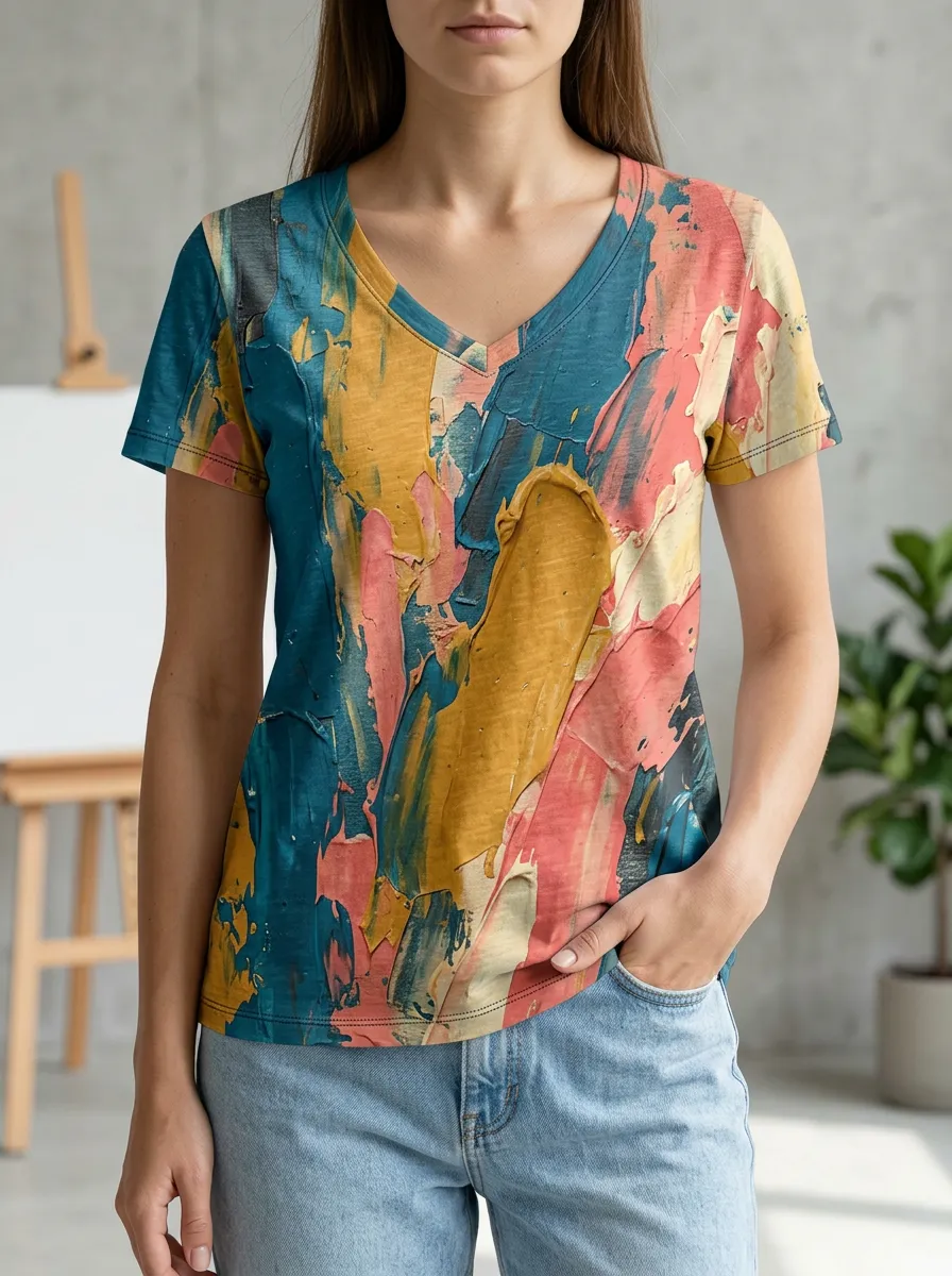 Women's Abstract Art Lover Colorful Oil Paint Printed V-Neck T-Shirt