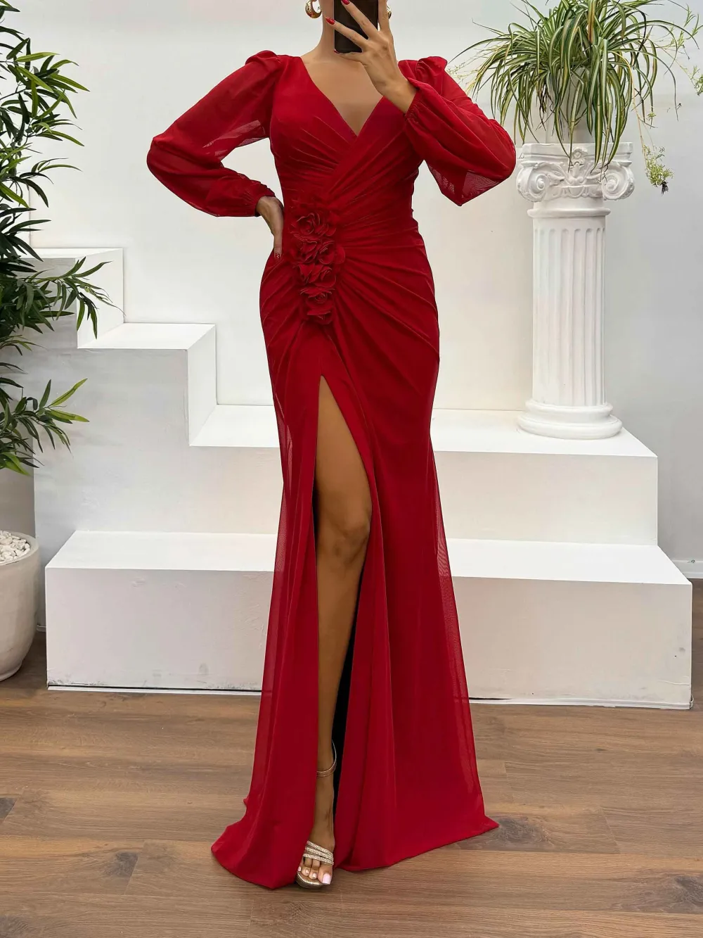 V Neck Ruched Floral Maxi Dress