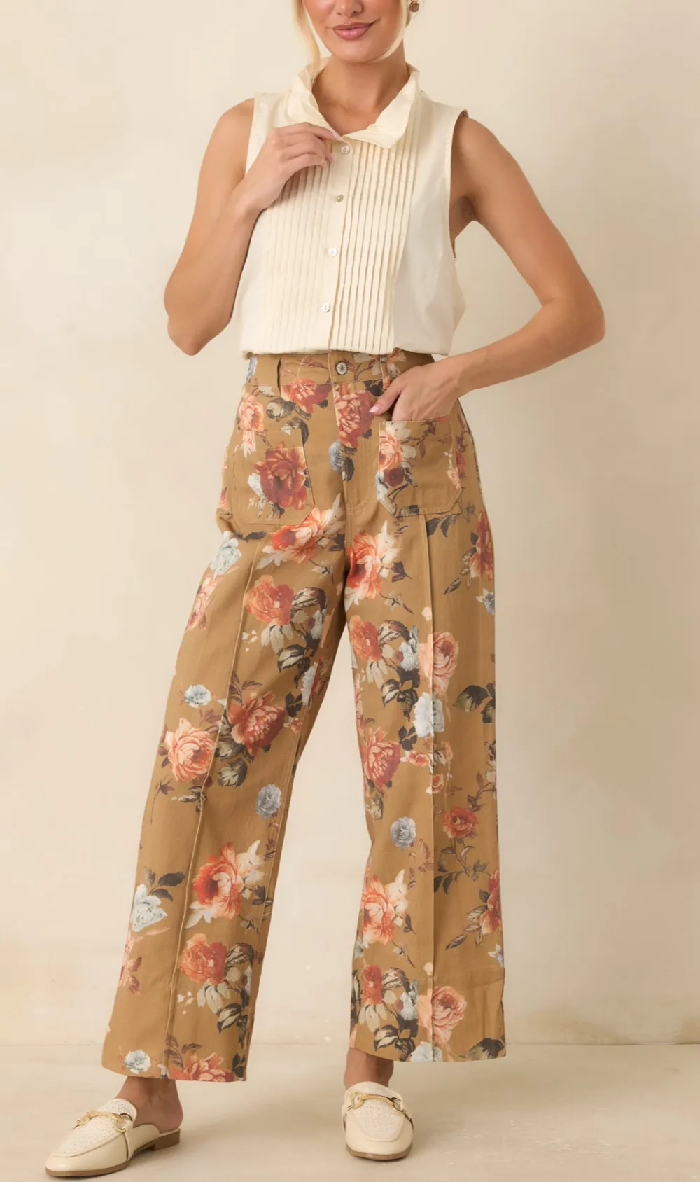 Pintuck Button-Front Sleeveless Cotton Blouse