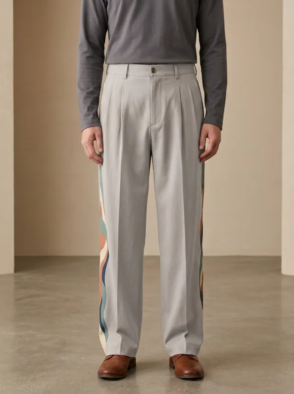 Men's Casual Retro Wave Side-Stripe Printed Wide Leg Pants