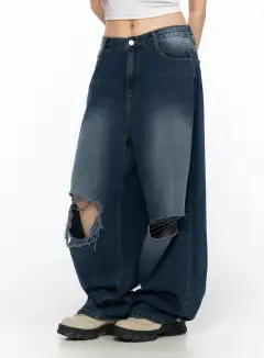 Wide-Fit Distressed Wide Leg Jeans