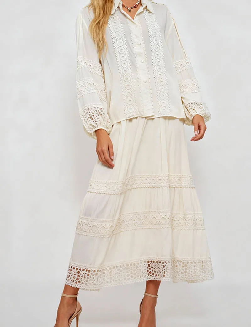 Boho Crochet Lace Trim Button Down Blouse and Tiered Skirt Set