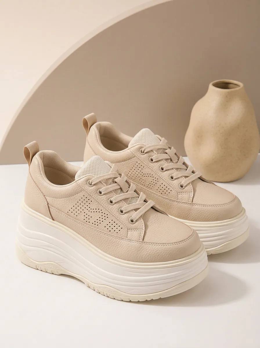 Lace-Detail Perforated Low-Top Women's Chunky Platform Shoes