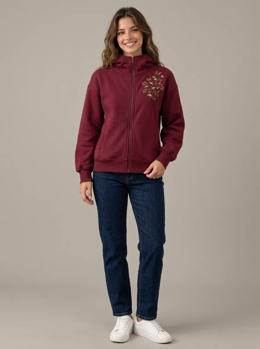Leisure Comfort Women's Botanical Floral Branch Graphic Zip Front Hoodie