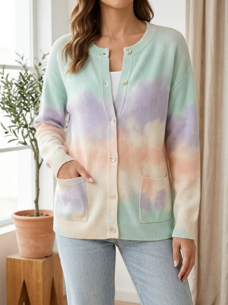 Women's Pastel Tie-Dye Pattern Printed Button Front Relaxed Daywear Cardigan