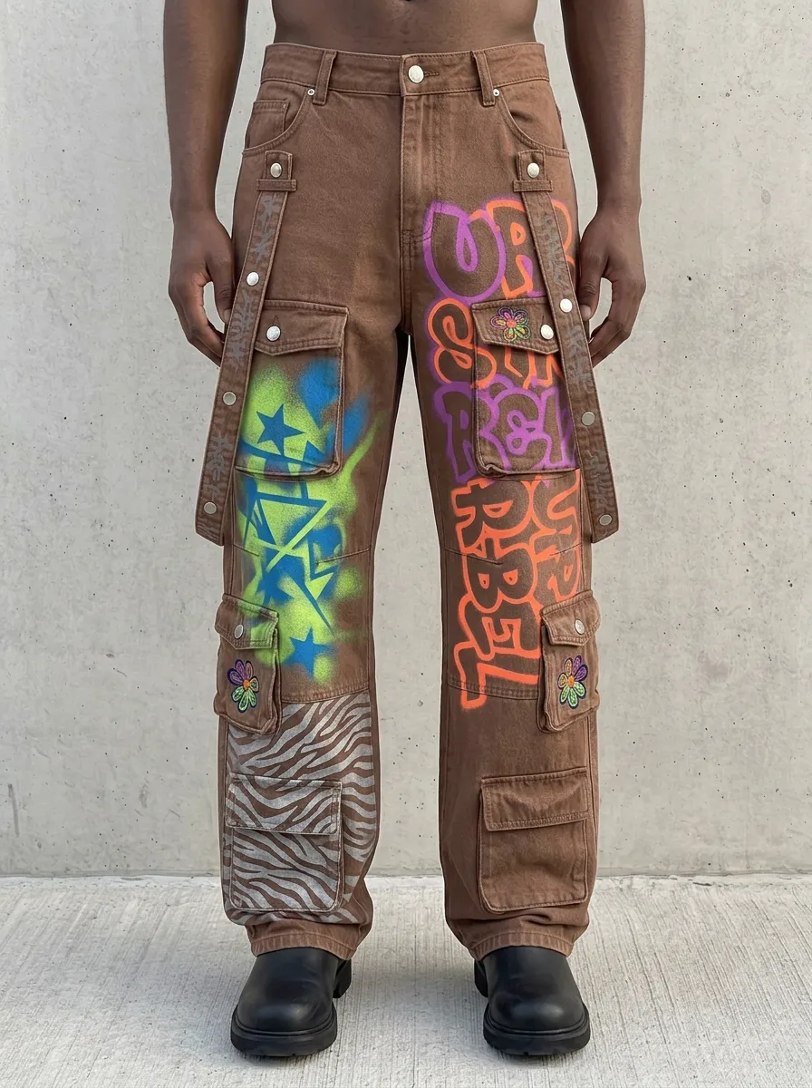 Men's Streetwear Graffiti Star Zebra Graphic Cargo Jeans