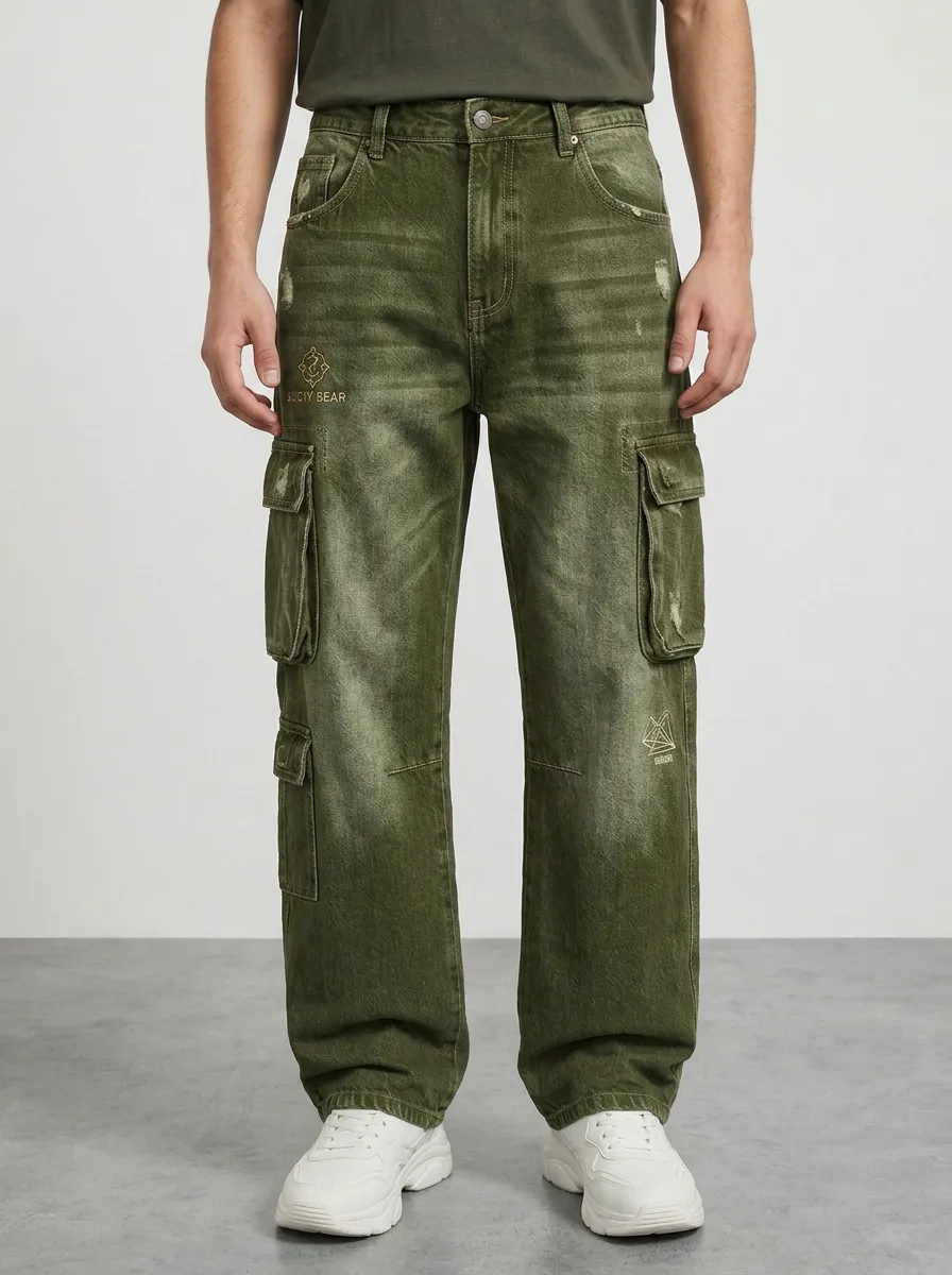 Men's Ridge Streetwear Distressed Graphic Cargo Jeans