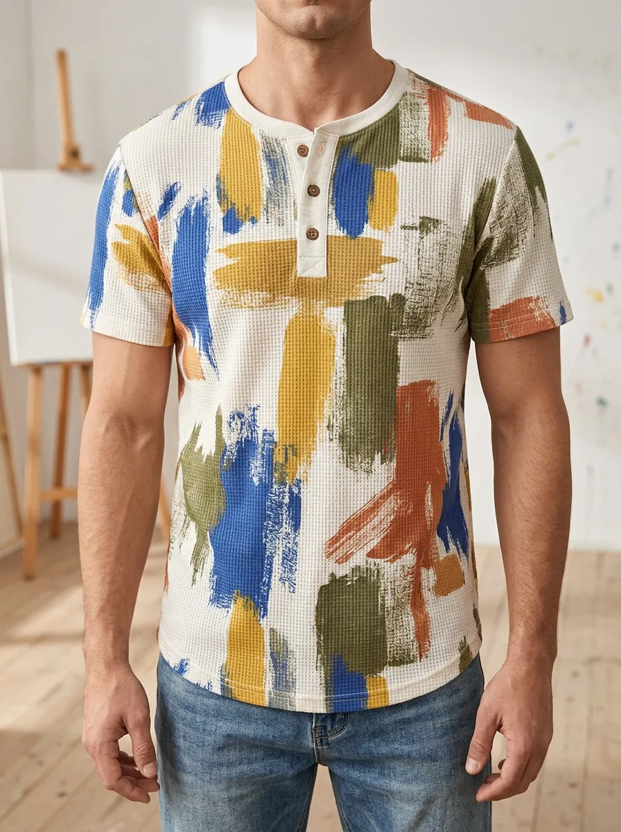 Men's Everyday Abstract Brushstroke Waffle Henley T-Shirt