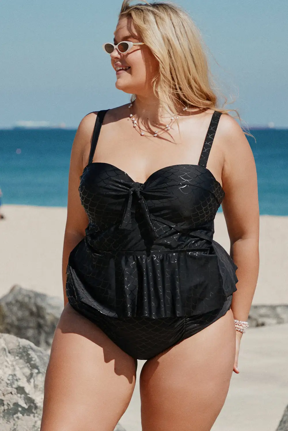 Swimwear Scale Halter Neck Peplum Plus Size Tankini