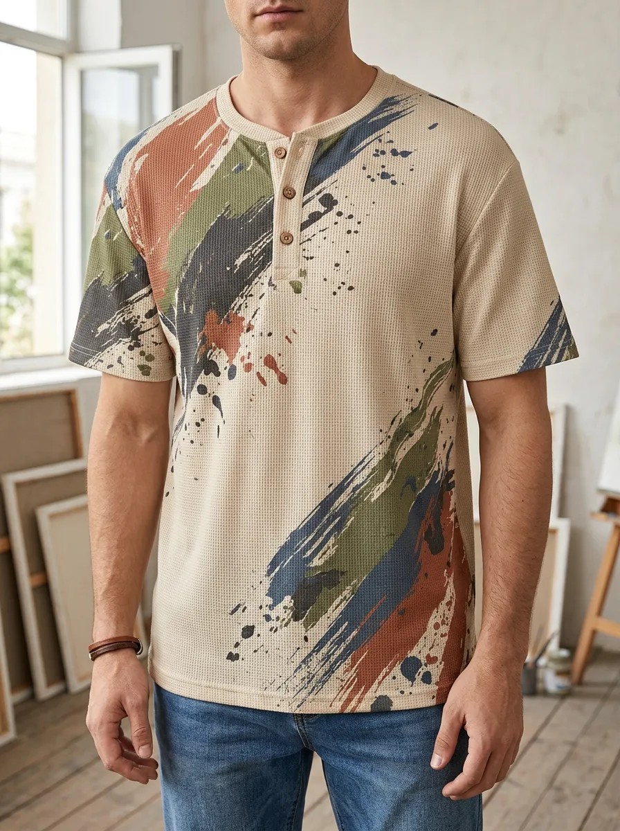 Men's Abstract Paint Splatter Printed Waffle Henley T-shirt