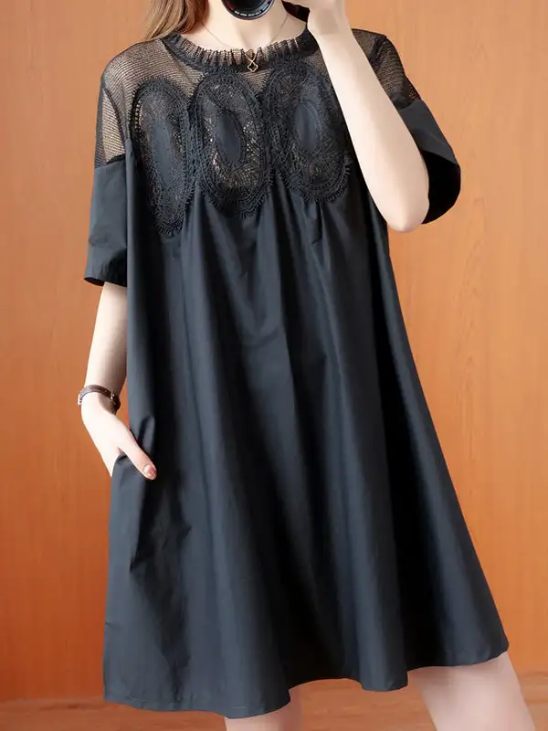 Original Solid Lace Split Side Short Sleeve A Line Mini Dress