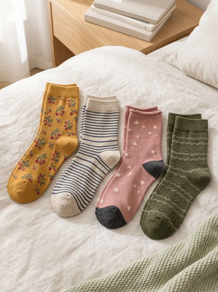 Women's Vintage Style Cherry Stripe Star Printed Socks Set