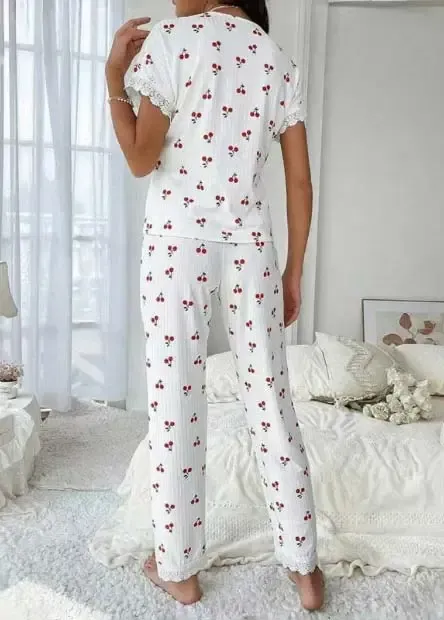White Fruit Printing Short Sleeve Lounge Top and Pants