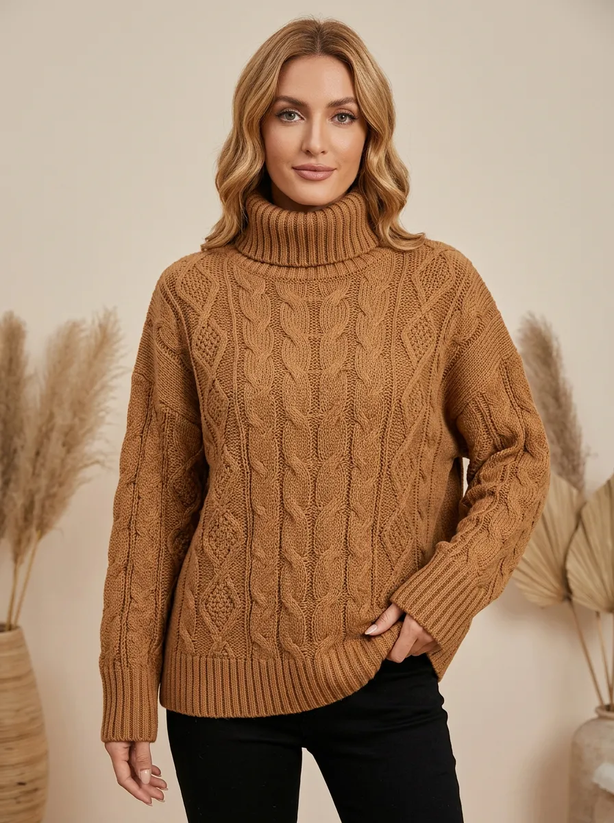 Women's Winter Casual Brown Cable Knit Turtleneck Sweater