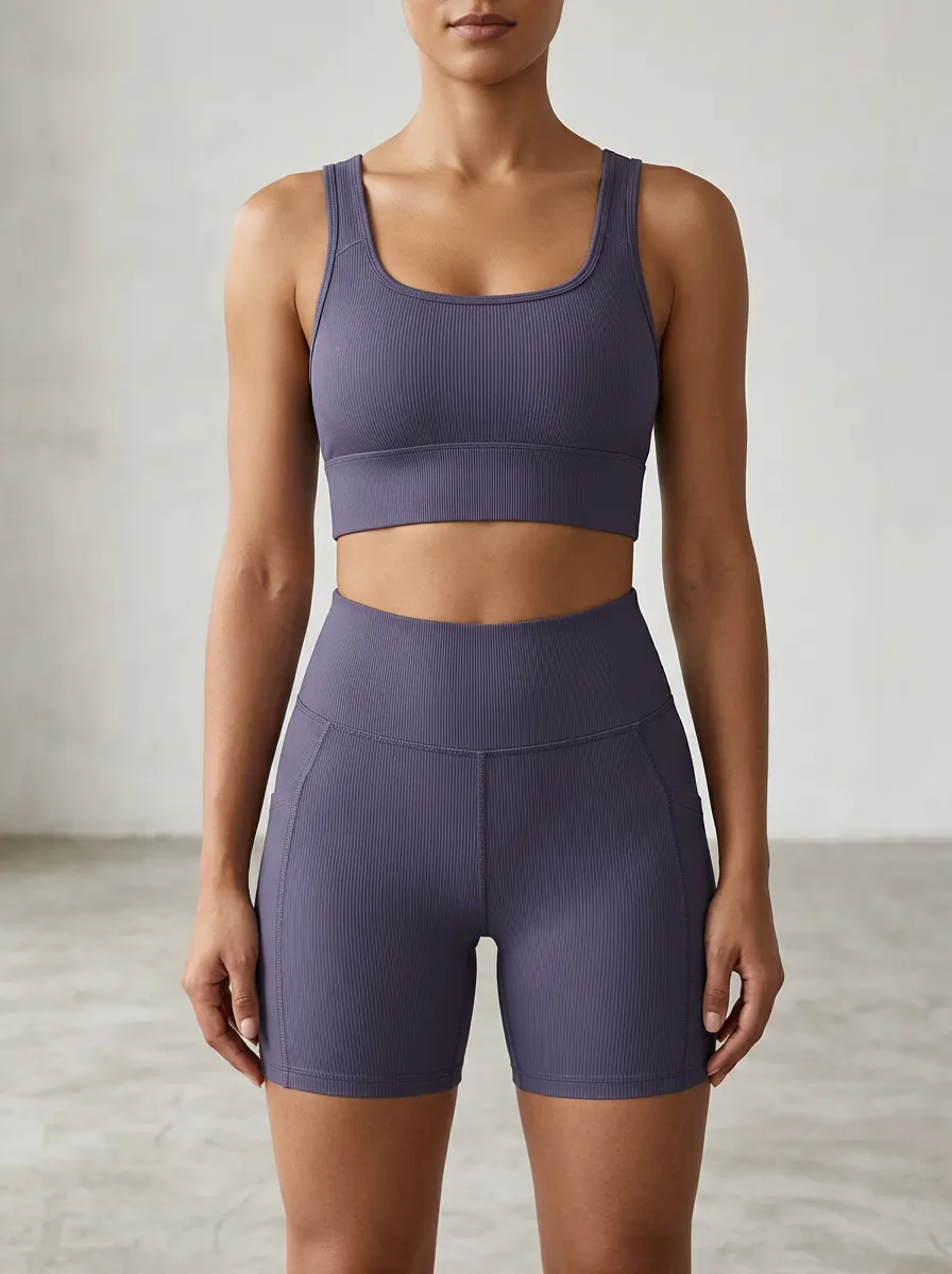 Weekend Ribbed Texture Seamless Design Collection Women's Tank Top And Sports Shorts Set