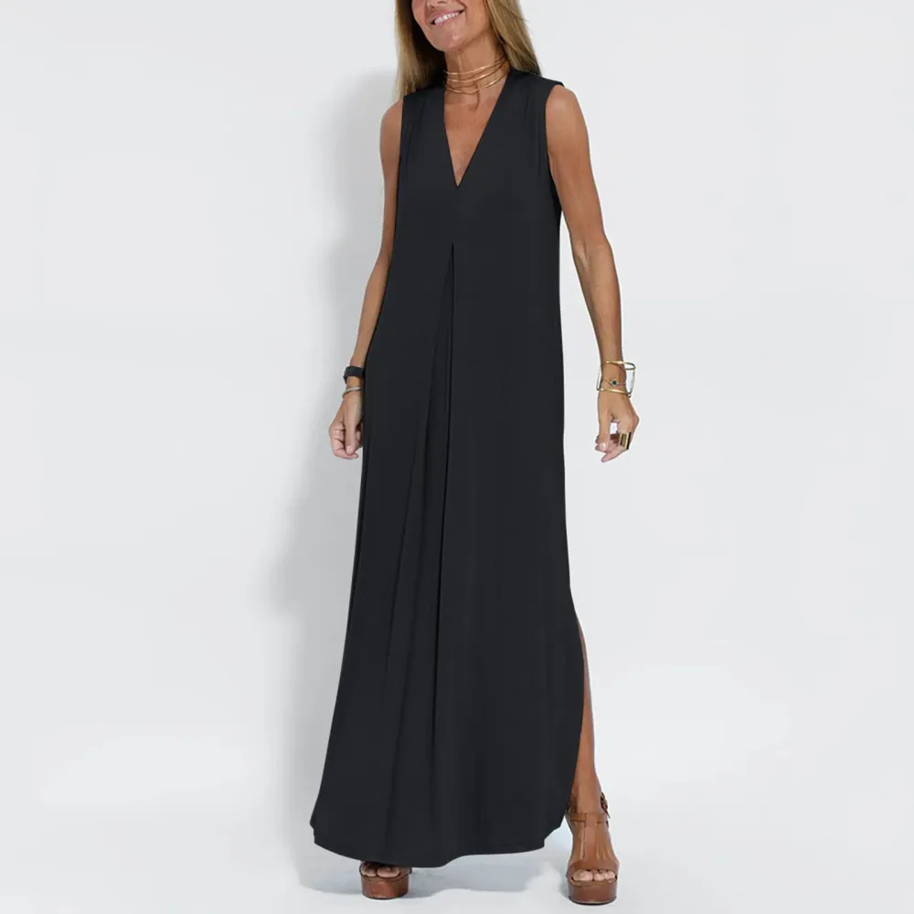 V-Neck Sleeveless Wrap Maxi Dress