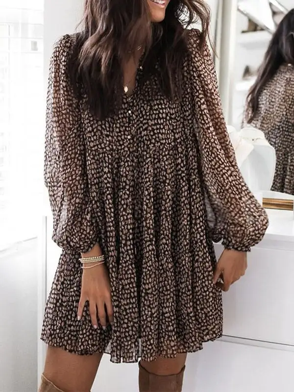 Long Sleeve Relaxed Buttoned Leopard Pleated V Neck Mini Dress