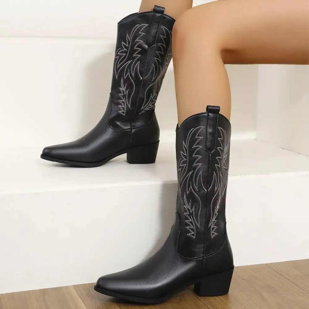 Classic Embroidered Point Toe Block Heels Boots