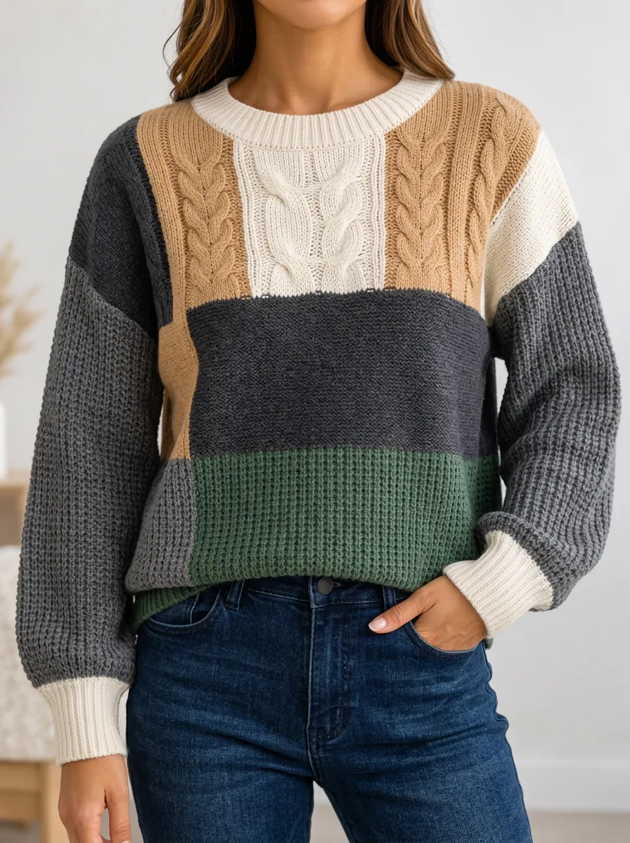 Comfort Inspired Colorblock Cable Knit Round Neck Pullover
