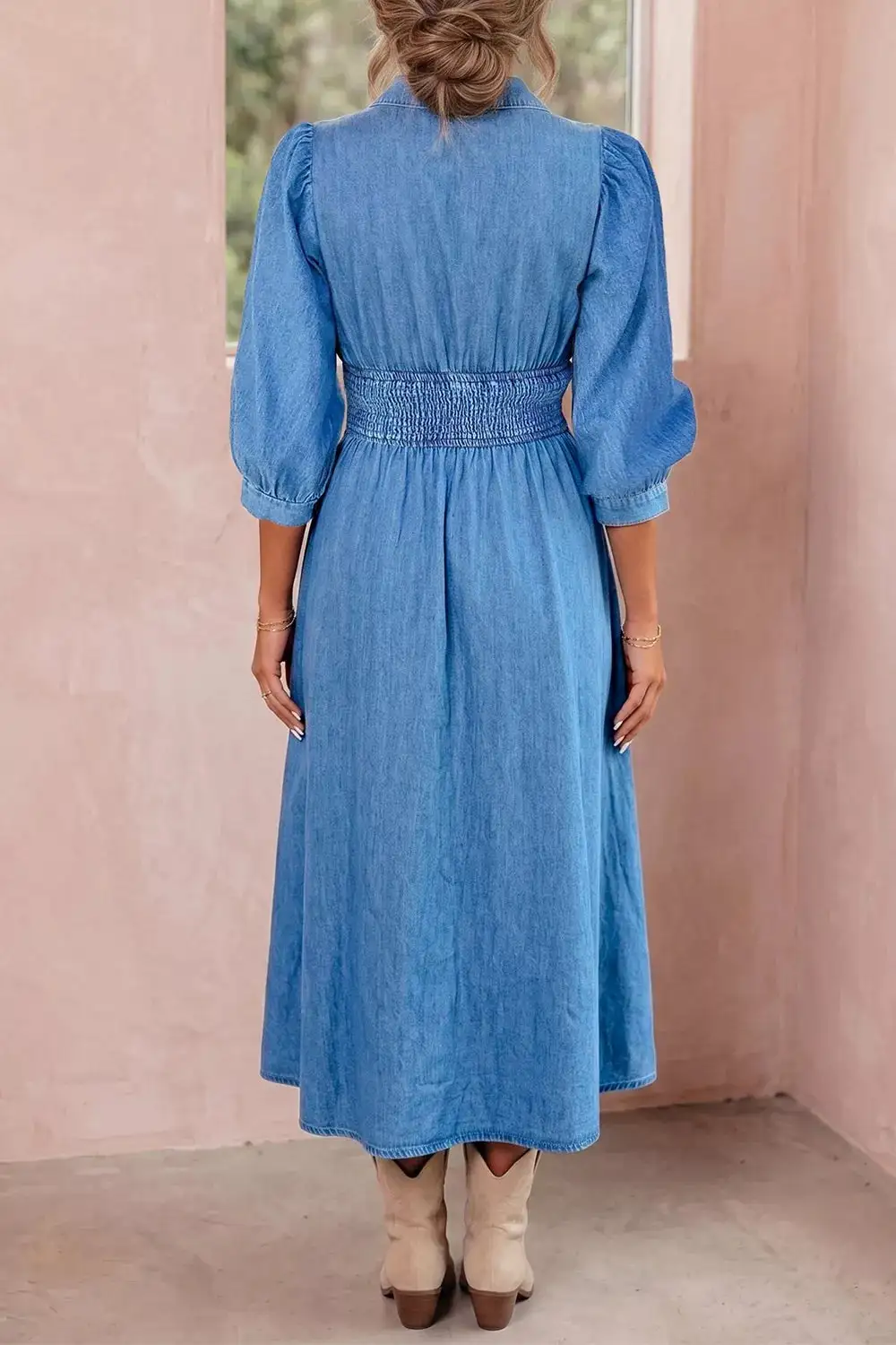 V-Neck Smocked Midi Dress