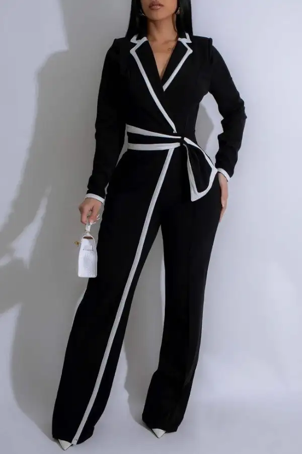 Belted Lapel Long Sleeve Jumpsuit
