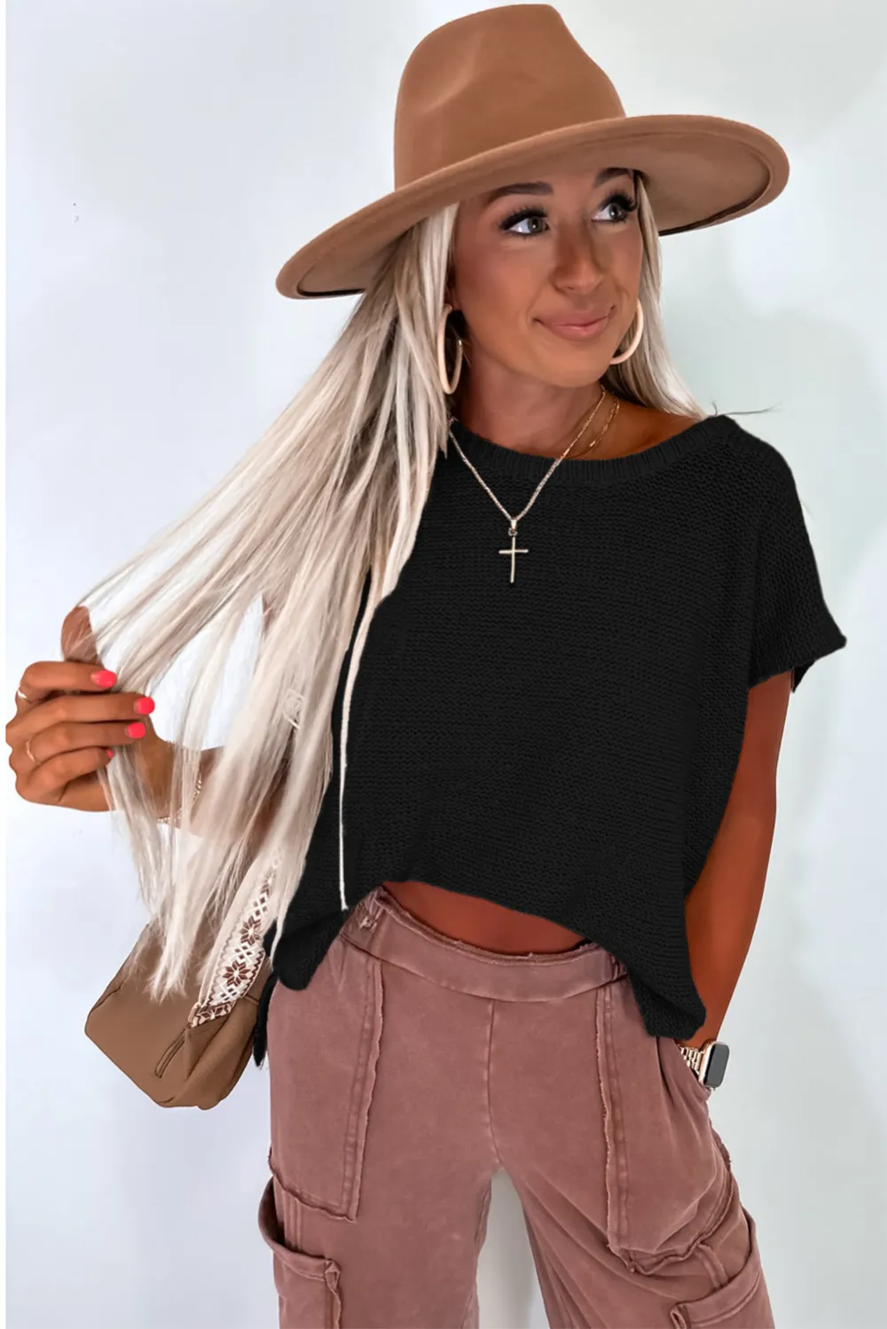 Black Sweater Side Slits Tee