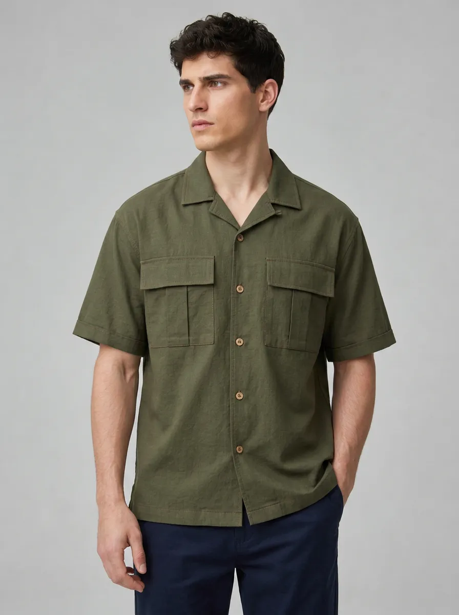 Men's Casual Olive Green Double Pocket Breathable Linen Shirt