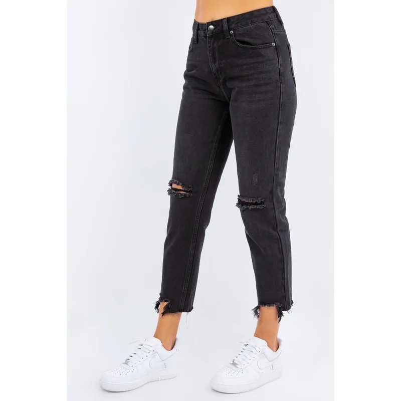 High-Waist Distressed Cropped Straight Jeans