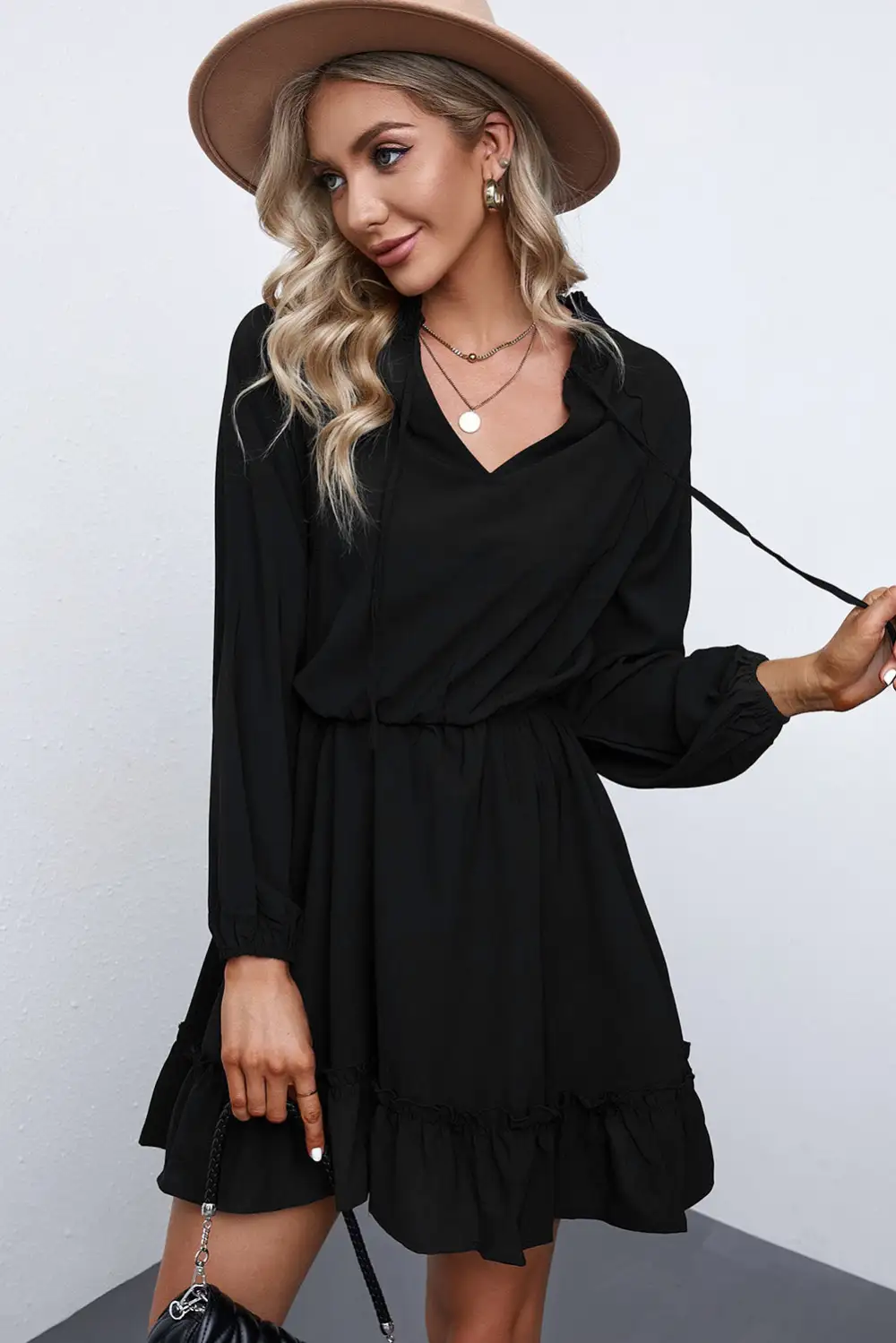 Bubble Sleeve Split Neck Ruffle Tunic Dress