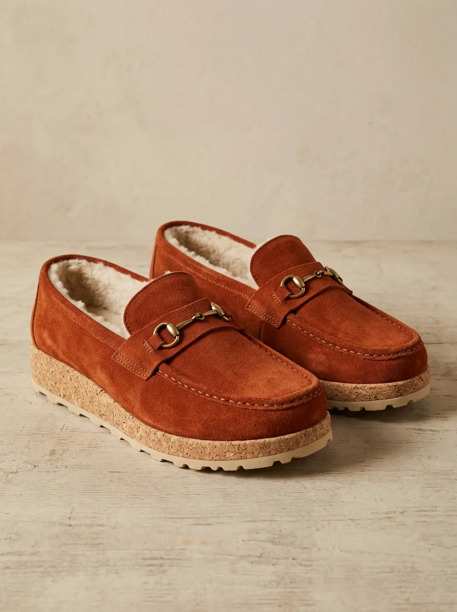 Women's Rugged Faux Fur Lined Casual Suede Wood Sole Loafers