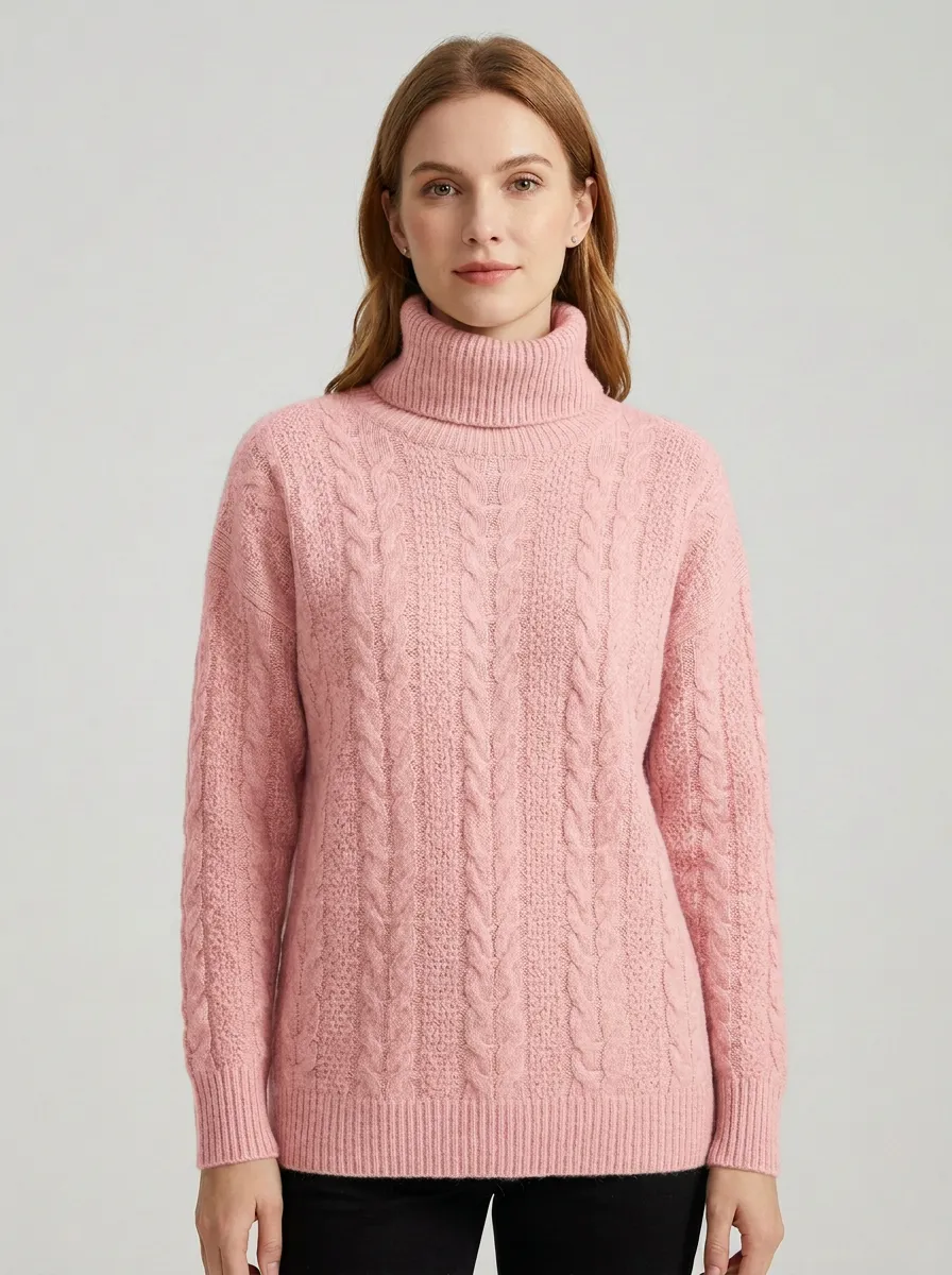 Women's Beige Cable Knit Patterned Turtleneck Sweater