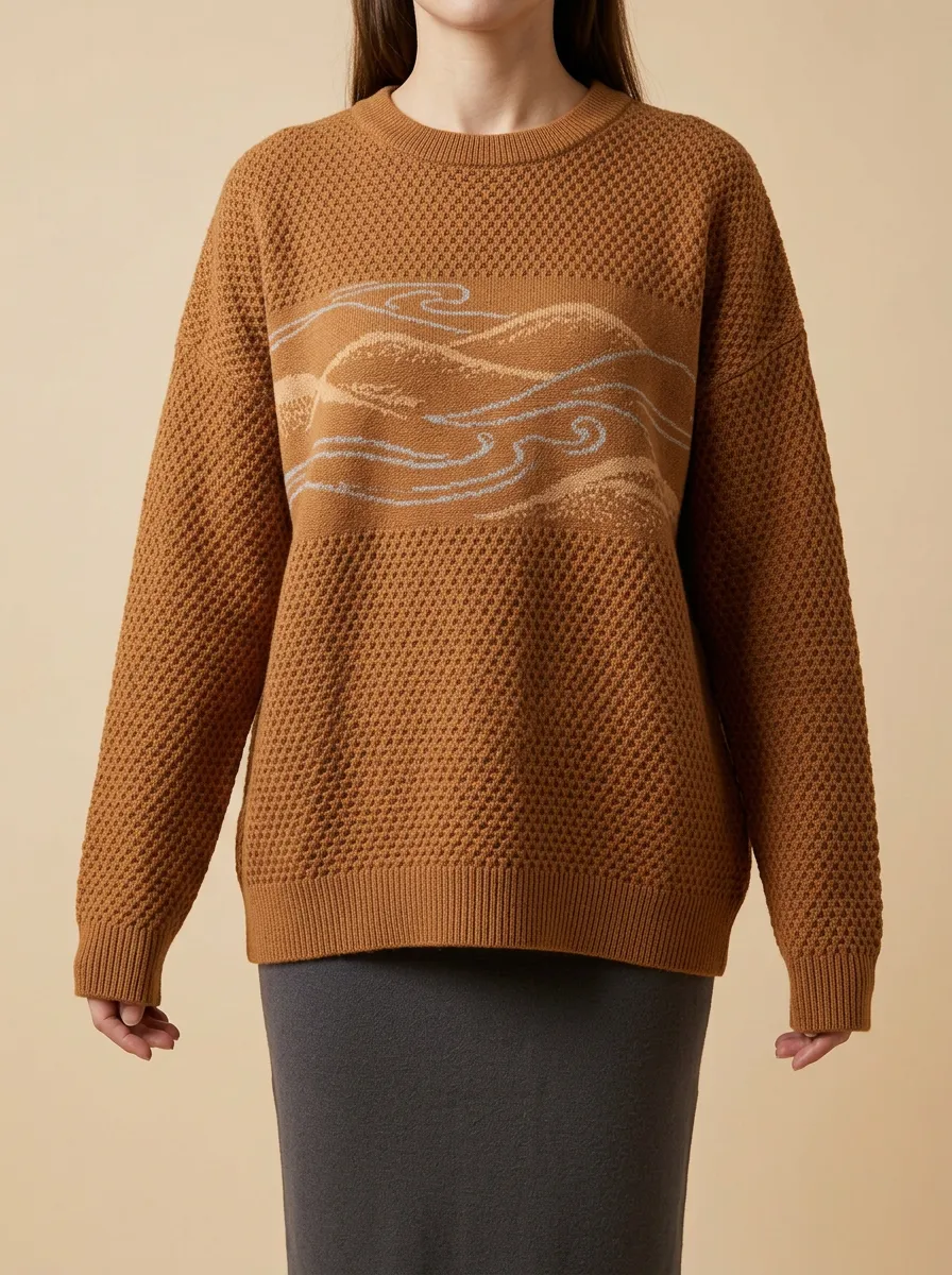Women's Rust Brown Graphic Knit Crewneck Sweater