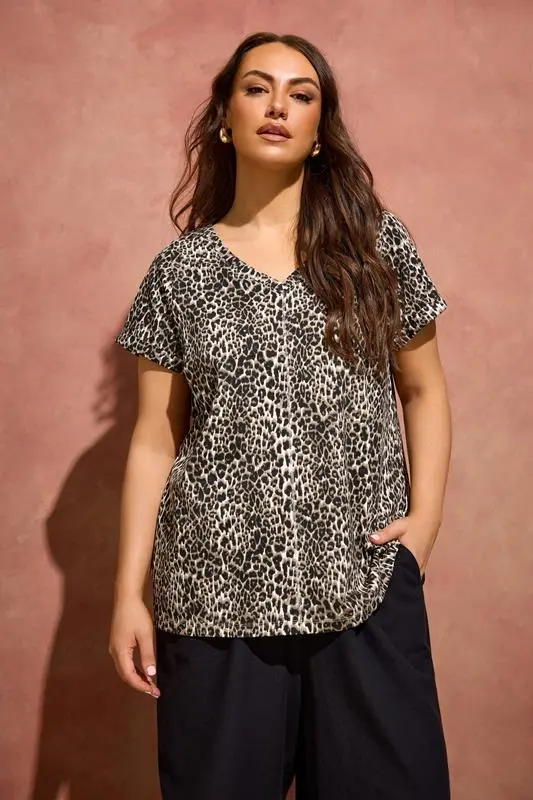 Natural Leopard Print V Neck Cotton T-Shirt