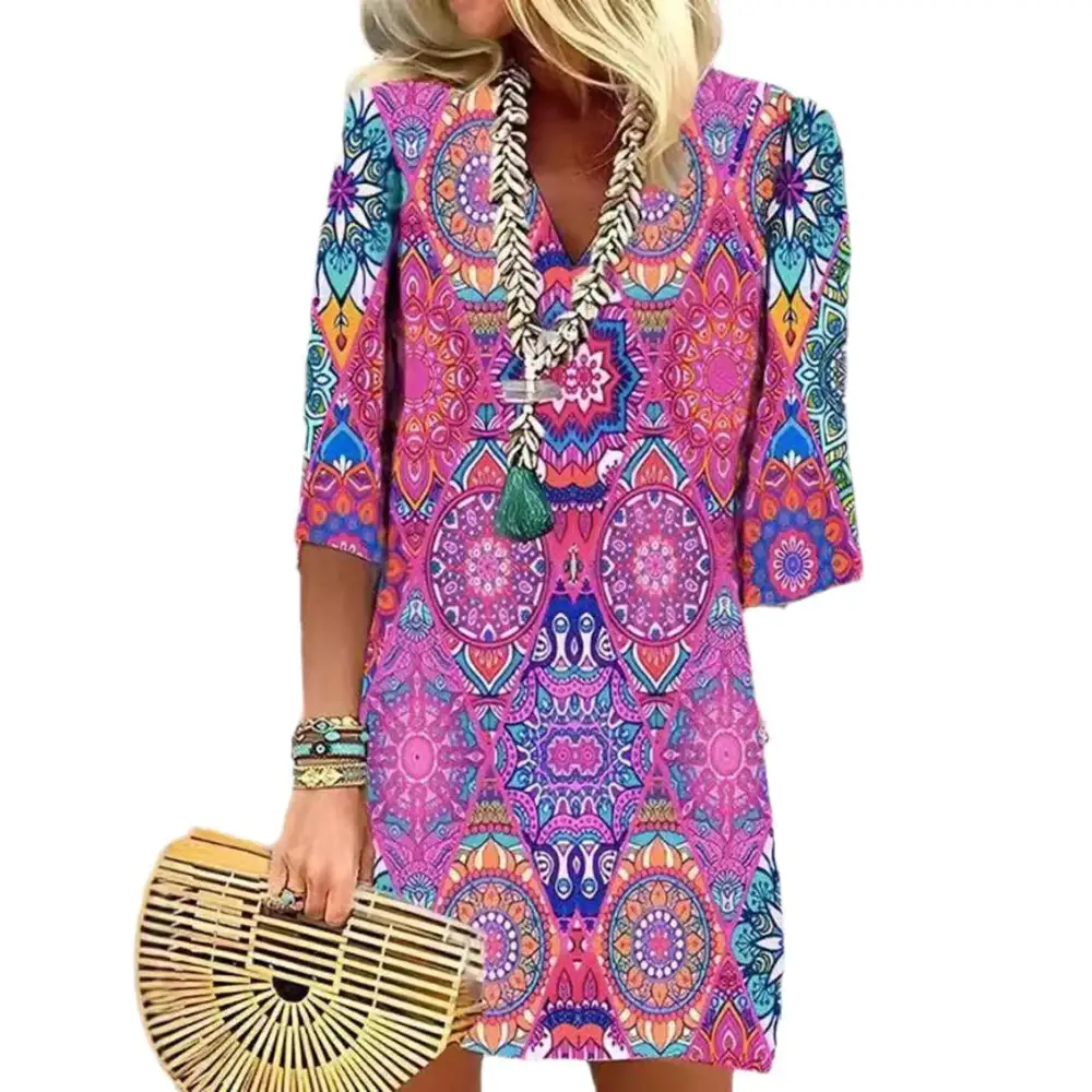 Women's A-Line V-Neck Three-Quarter-Sleeve Belted Dress