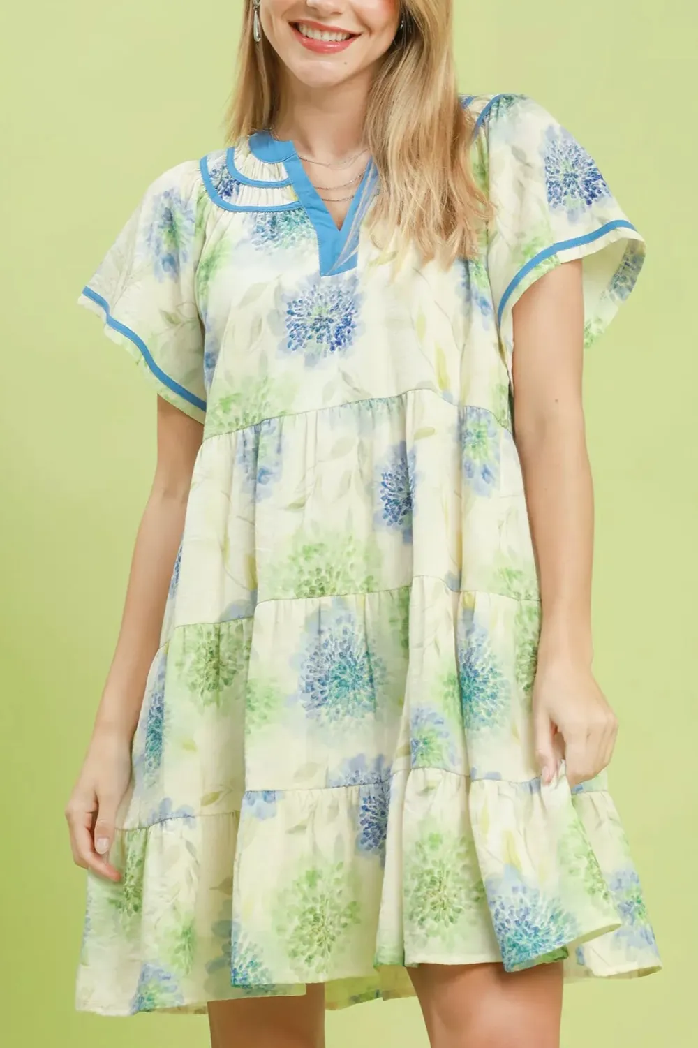 Floral Print V-Neck Flutter Sleeve Tiered Dress