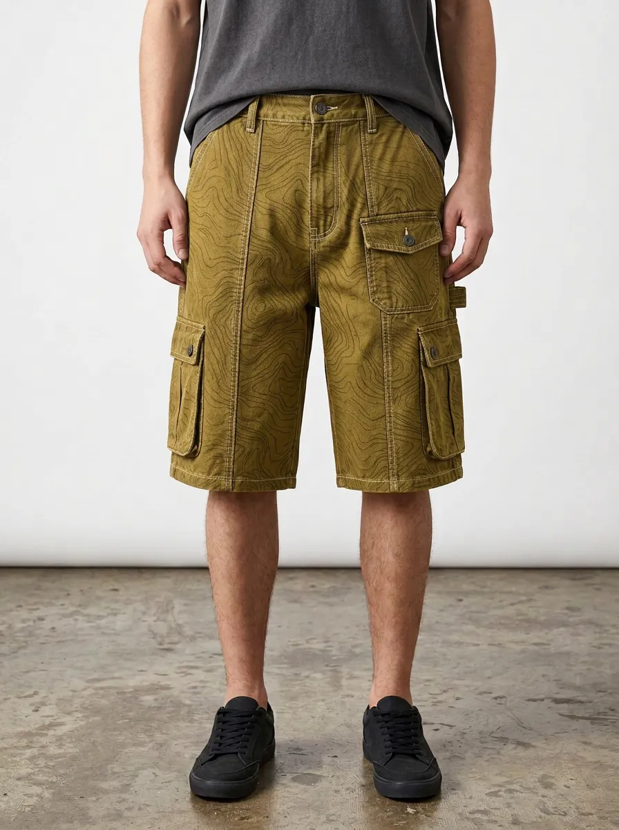 Streetwear Cargo Topographic Graphic Men's Cargo Shorts