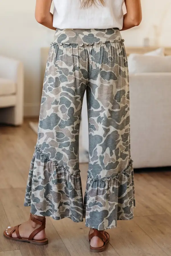 Camo Print Wide Leg Casual Trousers