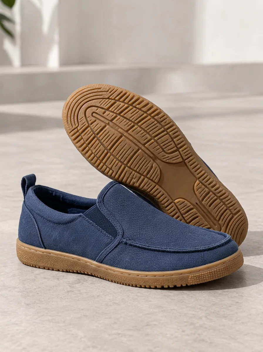 Men's Navy Canvas Moc-Toe Gum-Sole Elastic-Gore Low-Profile Pull-Tab Weekend Slip-On Boat Shoes