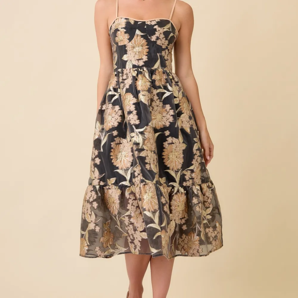 Classic Floral Smocked Tiered Metallic Detail Dress