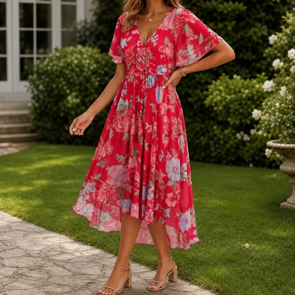 High-Low Wrap Midi Dress