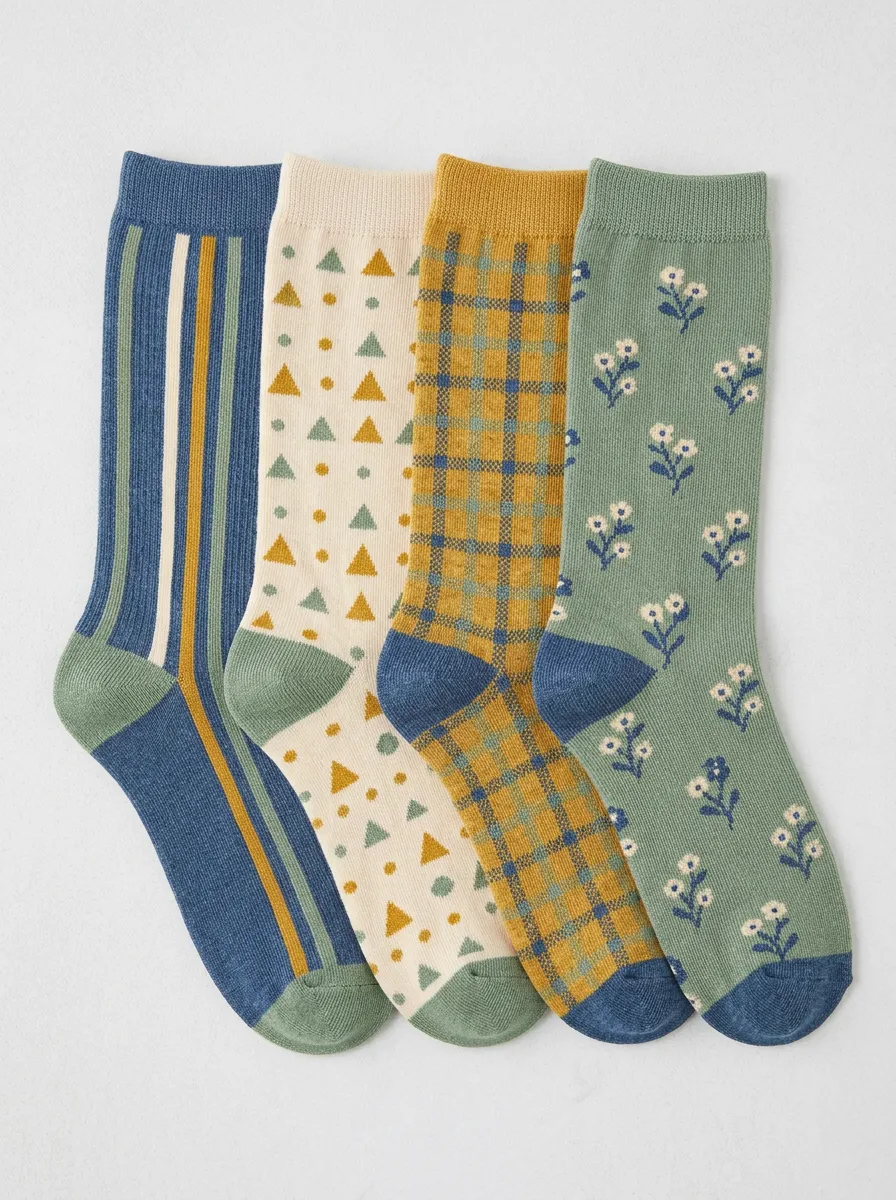 Everyday Geometric Floral Vintage Four-Pair Casual Socks