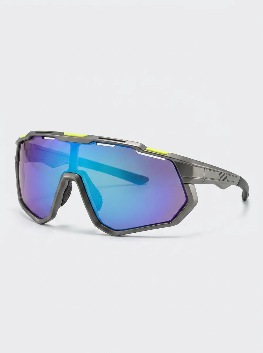 Men's Sport Cycling Reflective Blue Lens Neon Trim Sunglasses