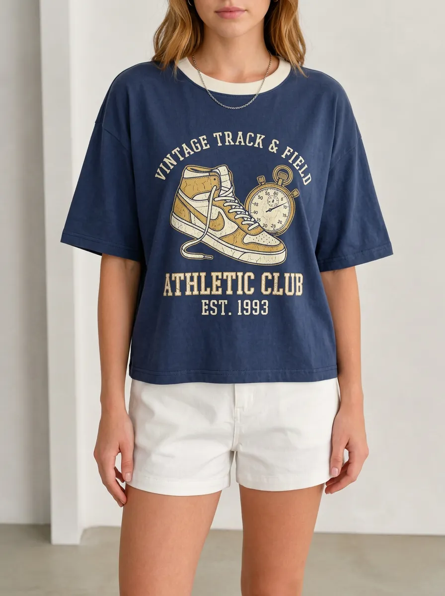 Women's Vintage Track Field Sneaker Stopwatch Printed T-shirt