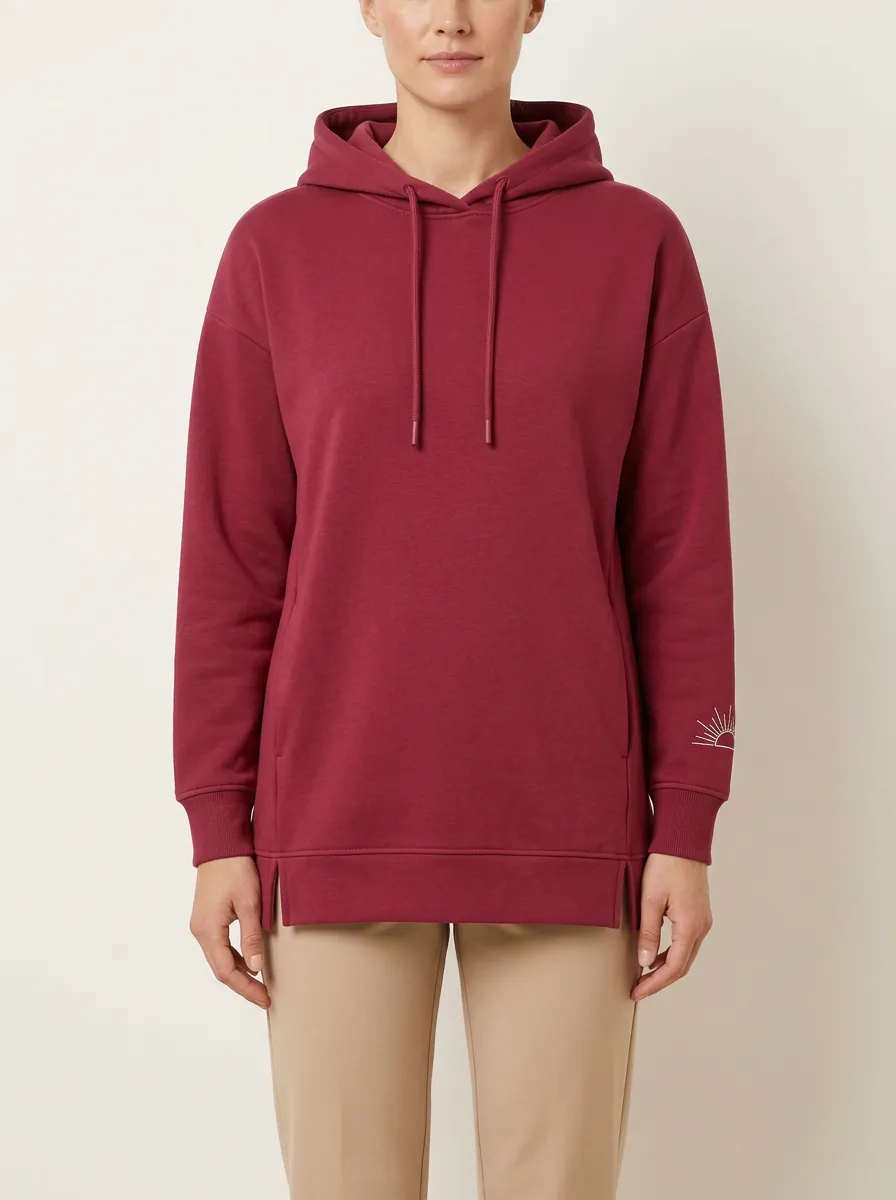 Women's Sunray-Sleeve Embroidered Drop-Shoulder Side-Slit Hoodie