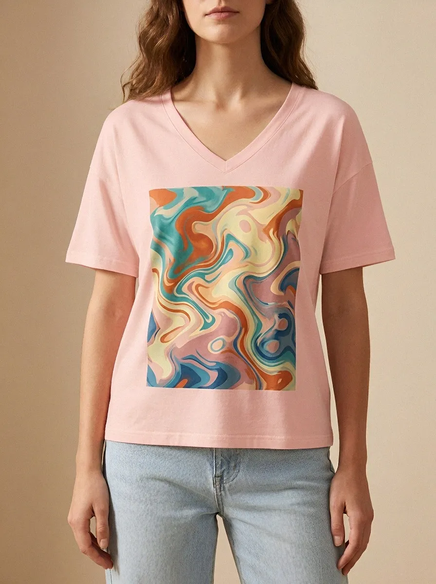 Women's Abstract Art Lover Colorful Swirl Printed V-Neck T-Shirt