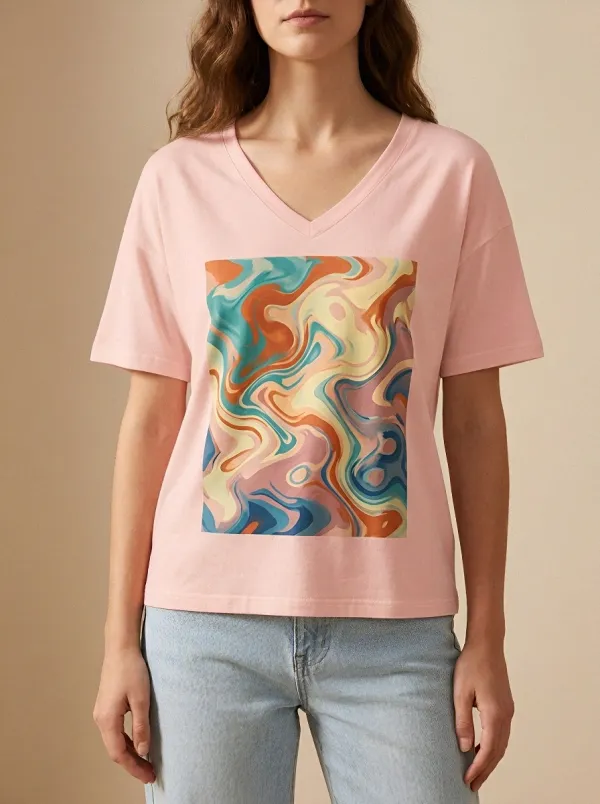 Women's Abstract Art Lover Colorful Swirl Printed V-Neck T-Shirt