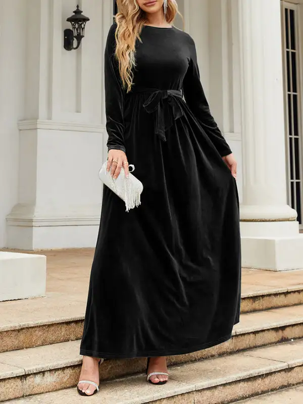 Pleated Wrap Belted Long Neck Maxi Dress