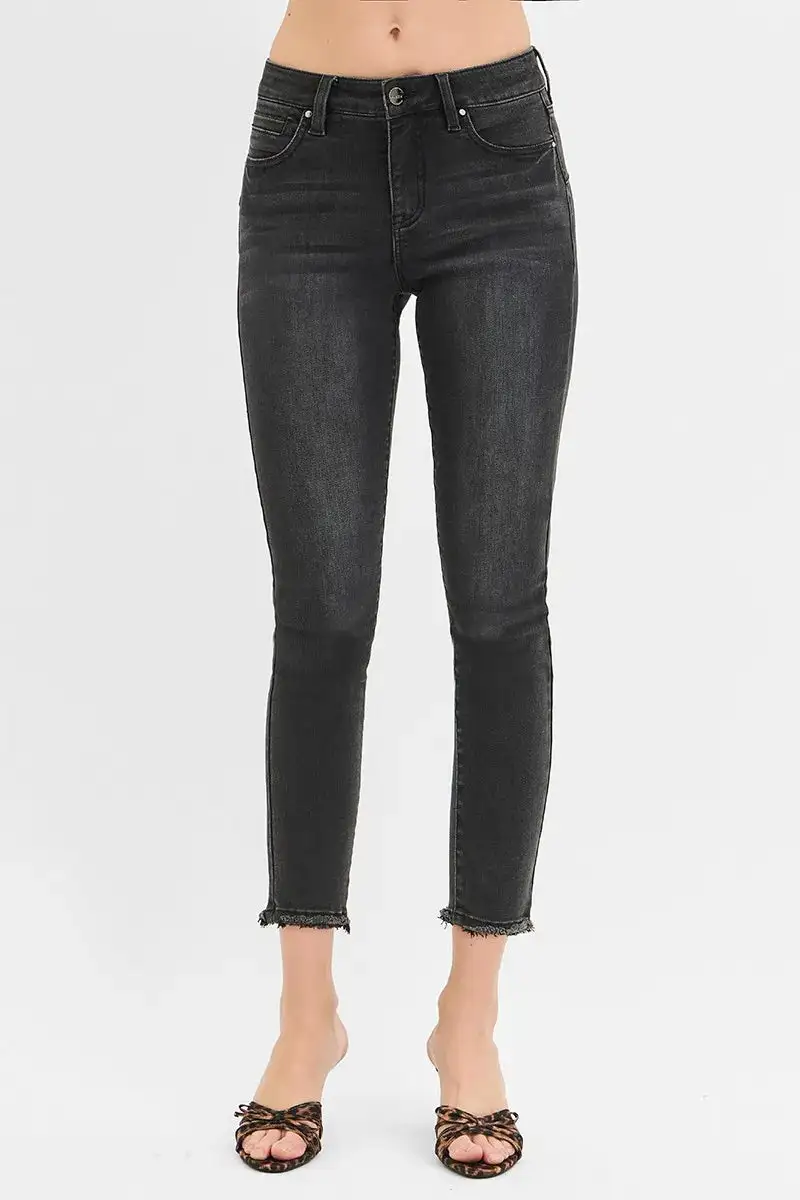 Mid Rise Raw Hem Skinny Jeans