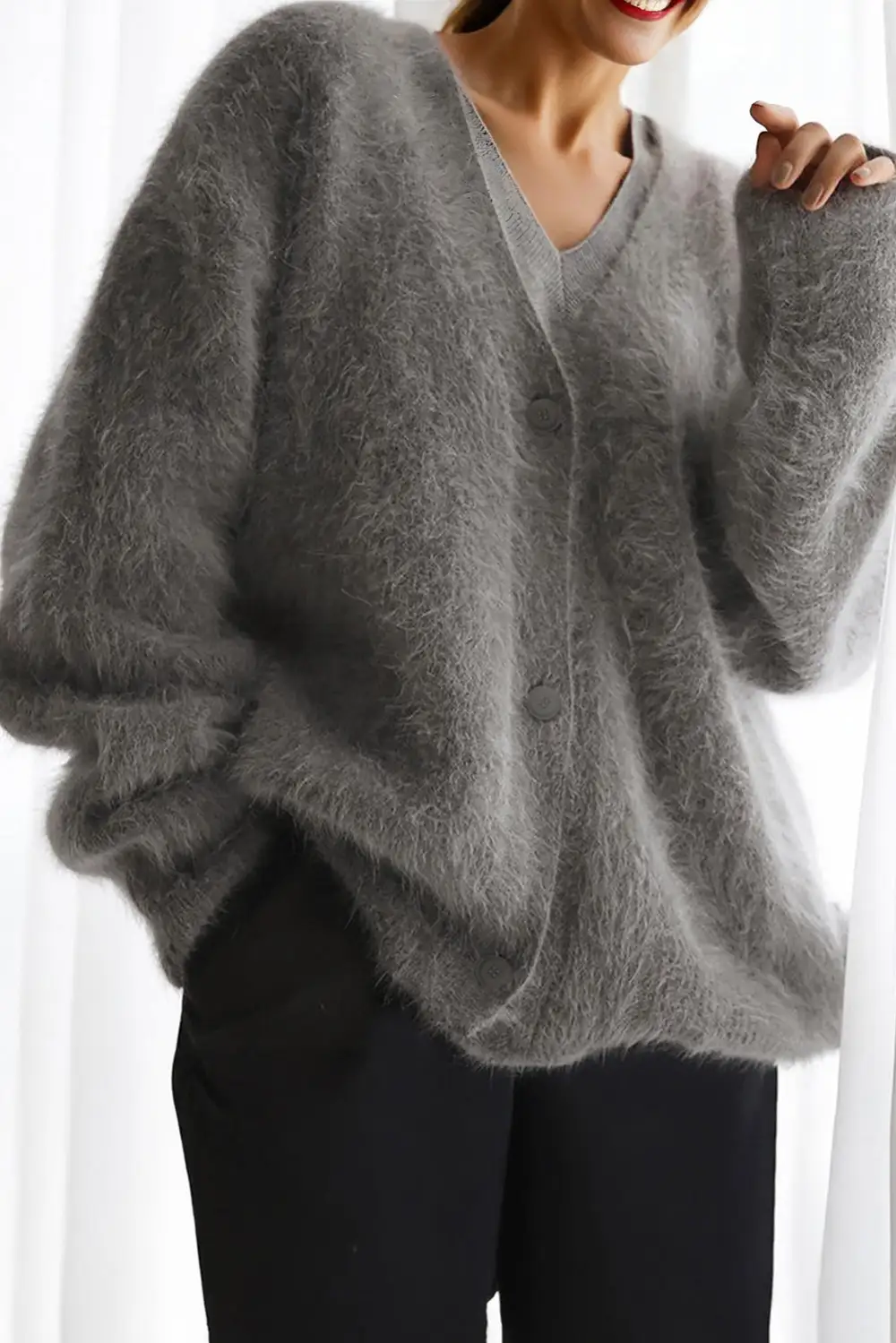 V Neck Button Front Fuzzy Knit Mohair Cardigan
